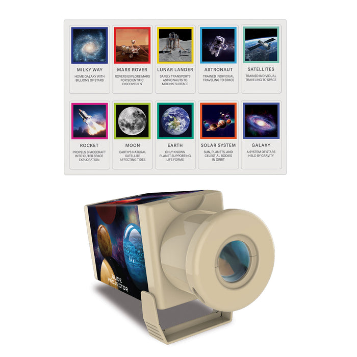Science toy with educational display of space-related images on a white background