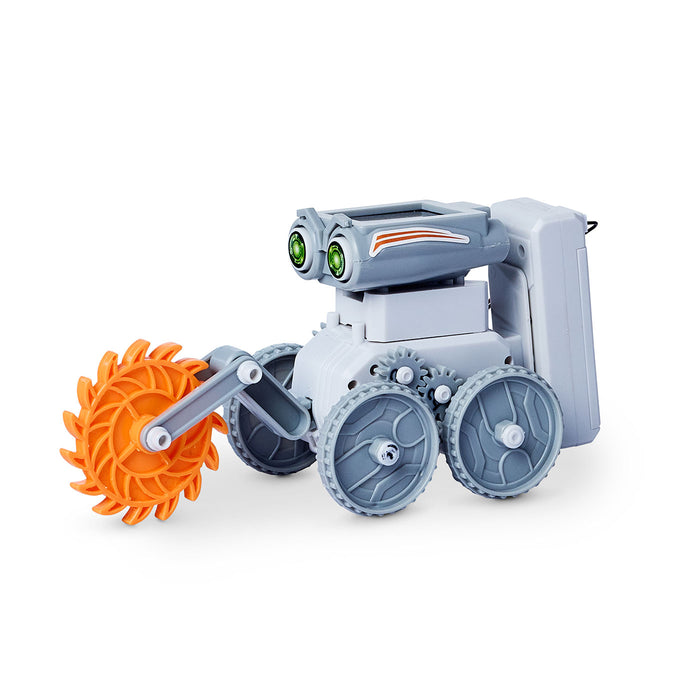 Toy robot with orange wheel and gray body on a white background