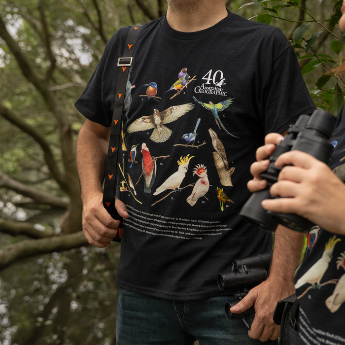 Person wearing a black t-shirt with bird illustrations in a natural setting