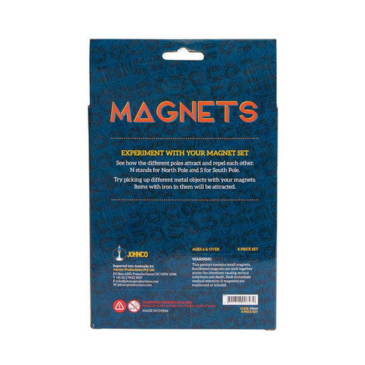 Back of a magnet set packaging with text and branding.