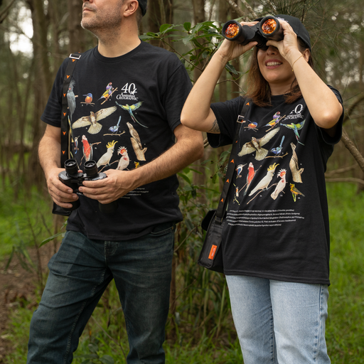Two people wearing black t-shirts with bird illustrations in a forest setting.