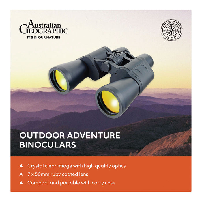 Binoculars with Australian Geographic branding against a mountainous landscape background