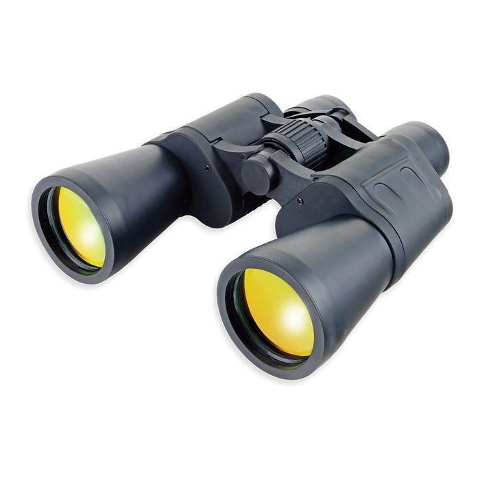 Black binoculars with yellow lenses on a white background