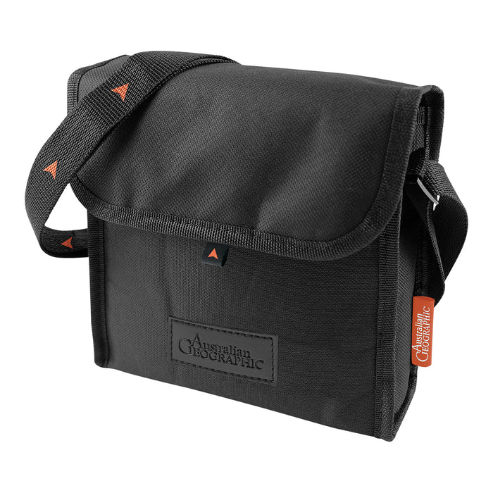 Black shoulder bag with Australian Geographic logo on a white background