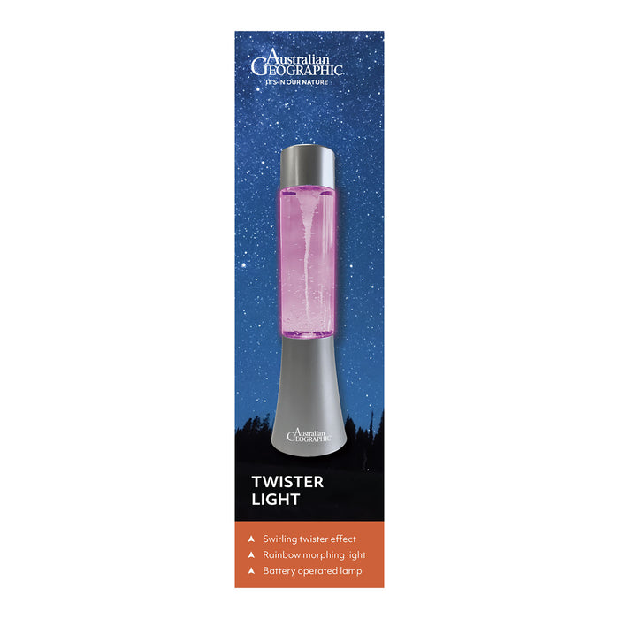 Australian Geographic Twister Light packaging with pink light bulb on a white background
