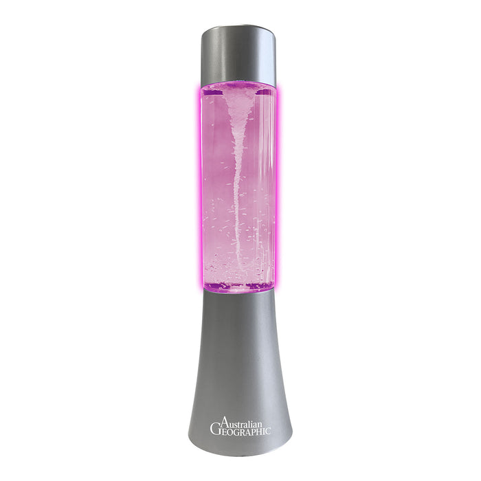 Bottle with pink liquid and silver cap on a white background, featuring 'Australian Geographic' branding.