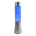 Lava lamp with blue liquid and silver top and base on a white background