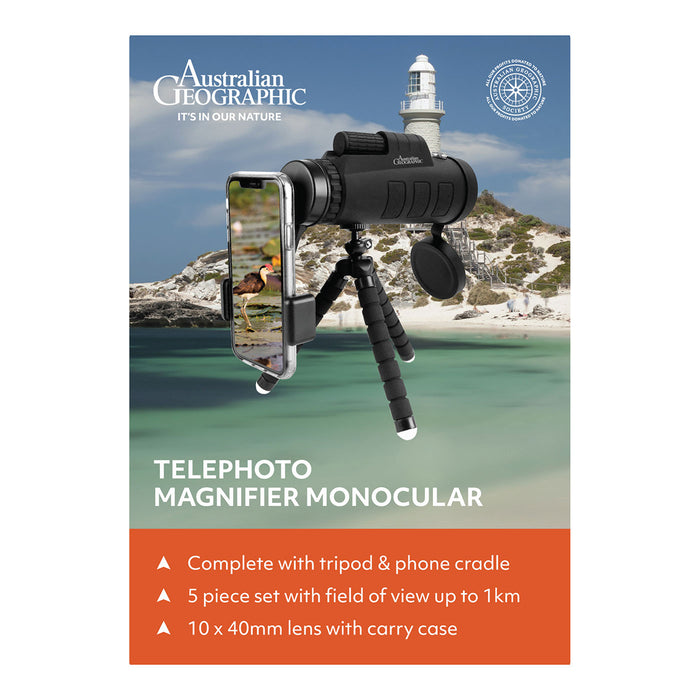 Australian Geographic telephoto magnifier monocular with tripod and phone cradle on a scenic background