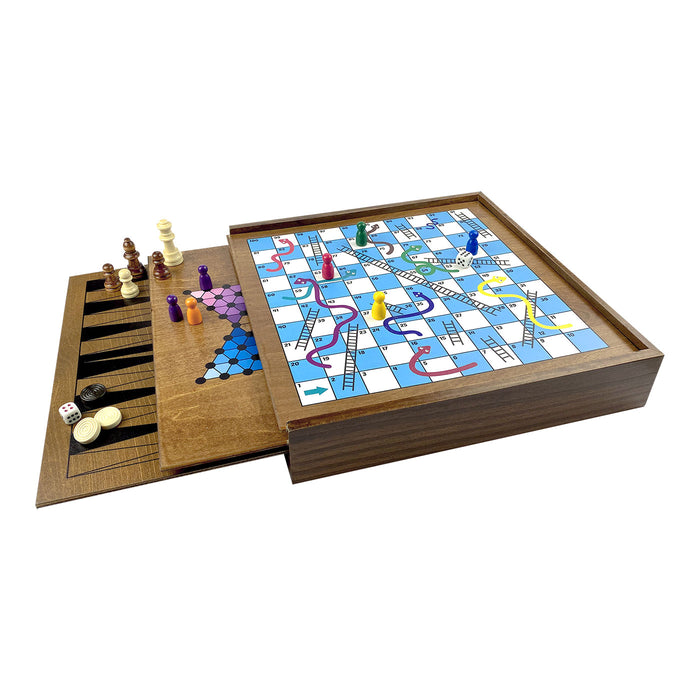 Wooden board game set with checkers and snakes and ladders on a white background