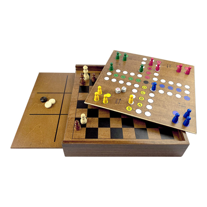 Wooden board game set with various pieces and dice on a white background