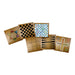 Set of wooden game boards with various patterns on a white background