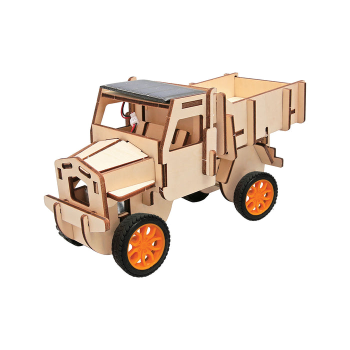 Wooden model of a truck with orange wheels on a white background