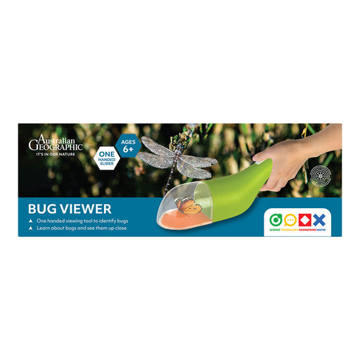 Australian Geographic bug viewer with a hand holding it and a dragonfly illustration on a white background.