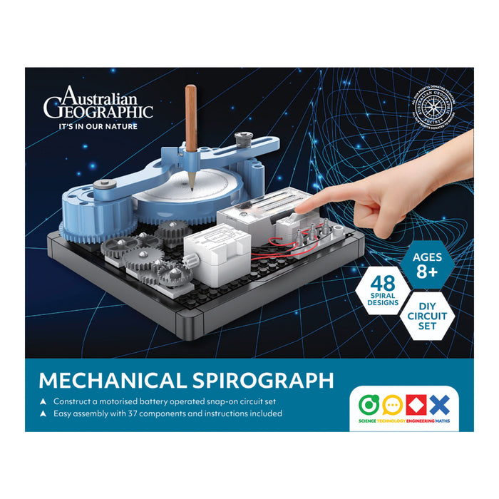 Mechanical Spirograph set packaging with hand pointing to the product on a dark background