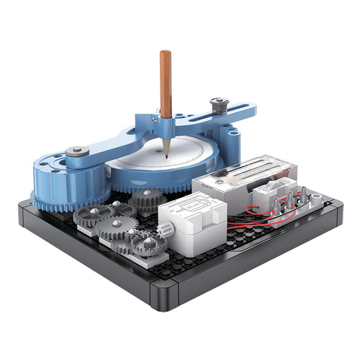 Mechanical model with gears and electronic components on a white background