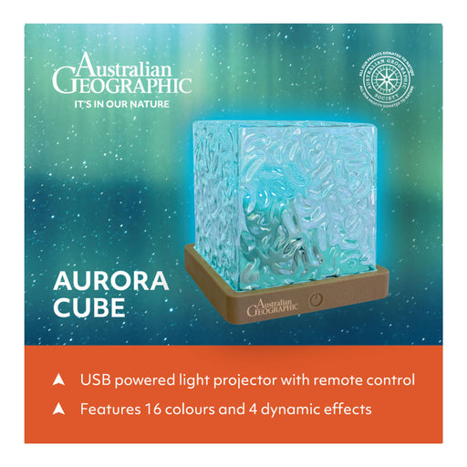 Australian Geographic Aurora Cube packaging with product details on a blue and orange background