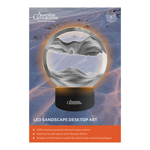 LED landscape desktop art with Australian Geographic branding on a desert background