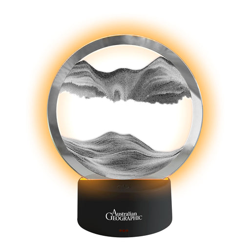 Decorative lamp with mountain design and 'Australian Geographic' branding on a white background