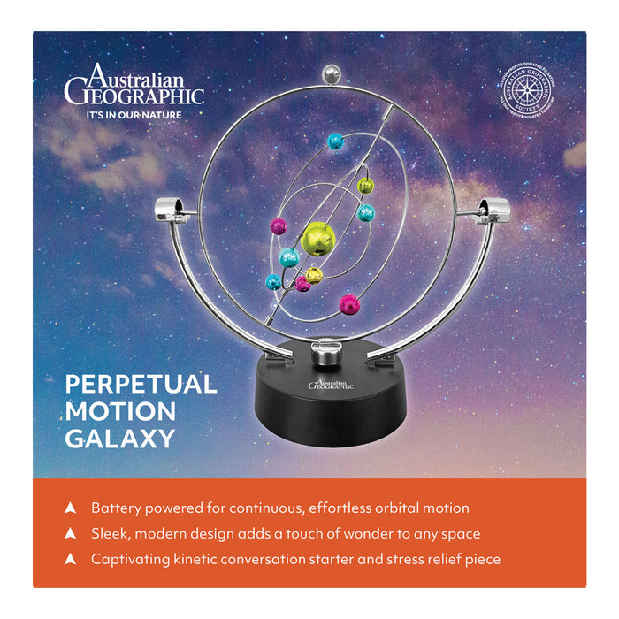 Perpetual motion galaxy model on Australian Geographic packaging with celestial design.
