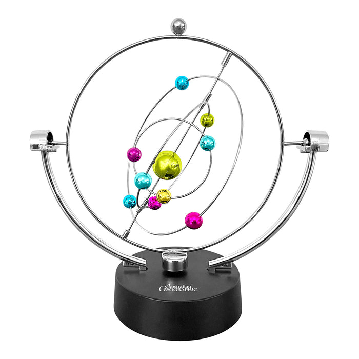 Orbital model of planets on a stand with colorful planets on a white background
