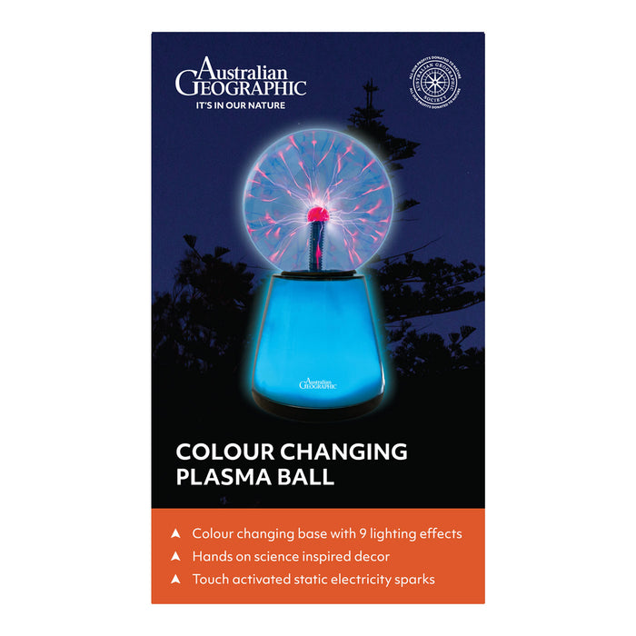 Australian Geographic colour changing plasma ball packaging with product image and features.