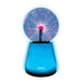 Plasma ball with blue base and pink electricity on a white background