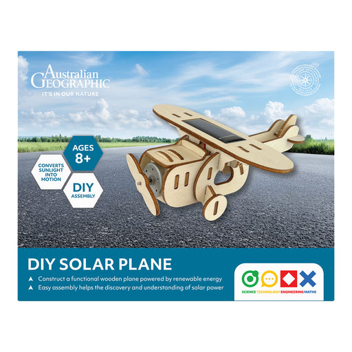 Australian Geographic DIY Solar Plane kit packaging with wooden plane model on a road background