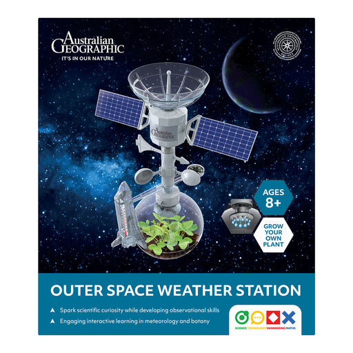 Outer Space Weather Station packaging with Australian Geographic branding on a space-themed background.