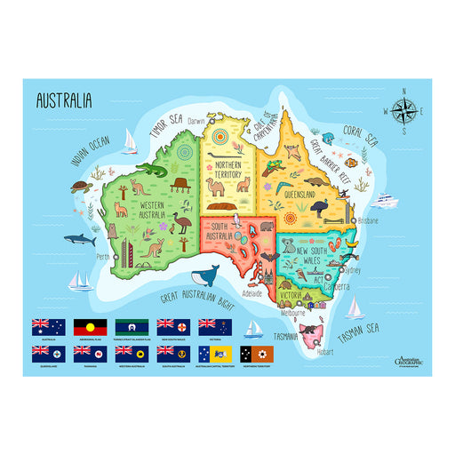 Colorful map of Australia with regions and flags on a blue background