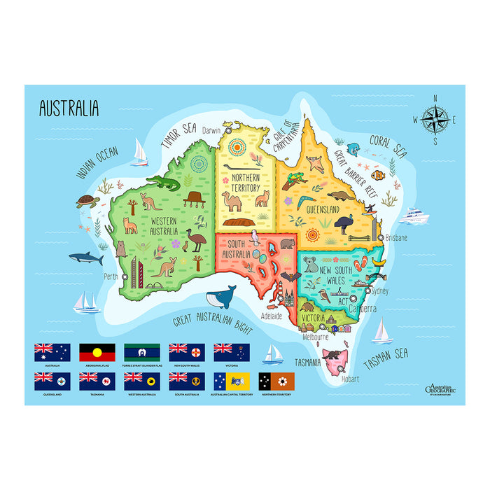 Colorful map of Australia with regions and flags on a blue background