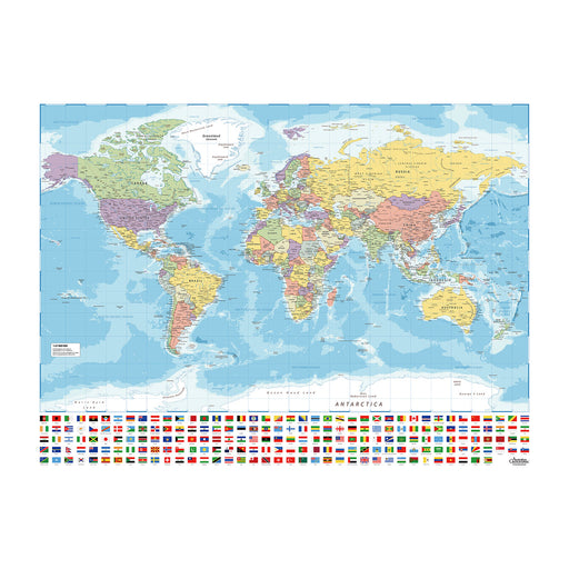 World map with country names and flags on a white background