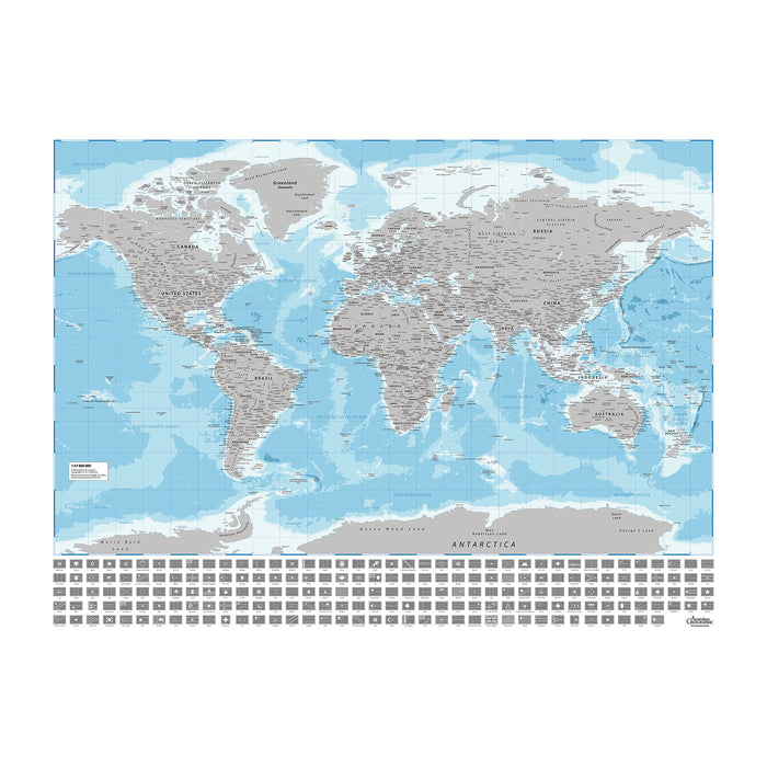 World map with gray landmasses and blue oceans on a white background