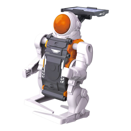 Toy robot with an astronaut design on a white background