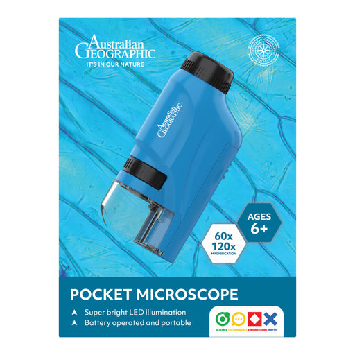 Australian Geographic pocket microscope packaging with blue background
