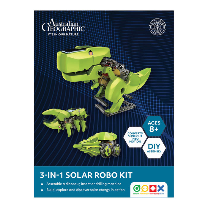 Australian Geographic 3-in-1 Solar Robo Kit packaging with dinosaur model on a blue background