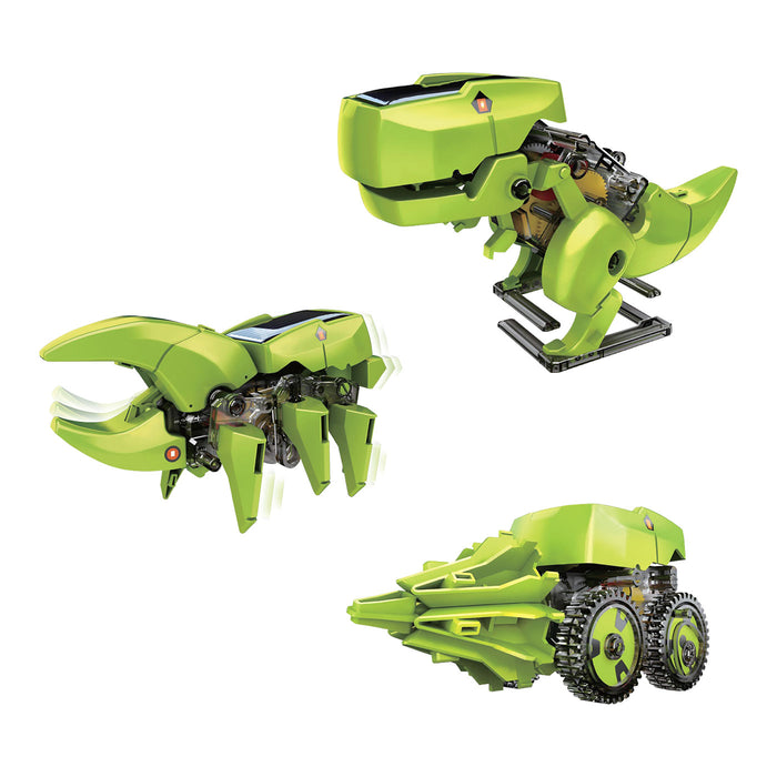 Green robot dinosaur toy in three different modes on a white background