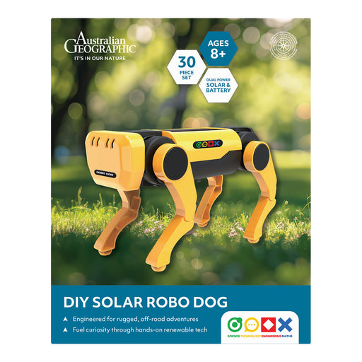 Australian Geographic DIY Solar Robo Dog kit packaging with grass background