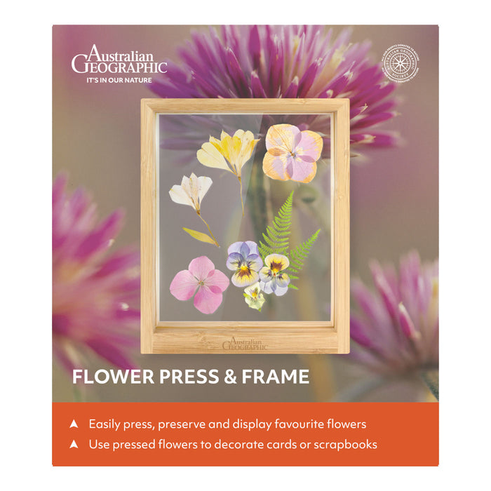 Flower press & frame product with Australian Geographic branding against a floral background