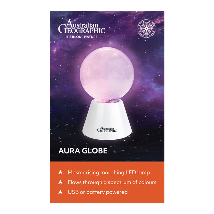Australian Geographic Aura Globe packaging with LED lamp on a dark background