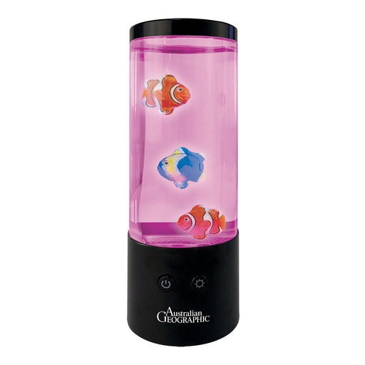 Pink cylindrical lamp with fish illustrations on a white background, featuring the Australian Geographic brand.