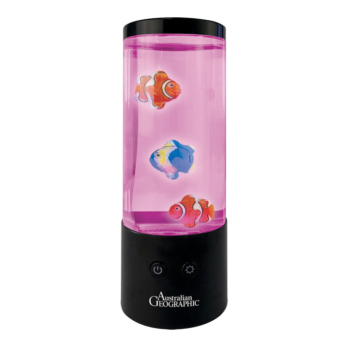 Pink cylindrical lamp with fish illustrations on a white background, featuring the Australian Geographic brand.