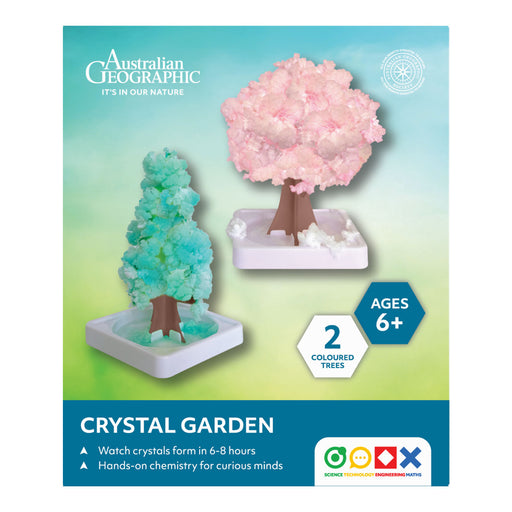 Australian Geographic crystal garden kit packaging with two colored trees on a gradient background