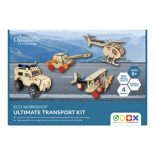 Australian Geographic eco workshop ultimate transport kit packaging with wooden models of a car, truck, helicopter, and airplane.
