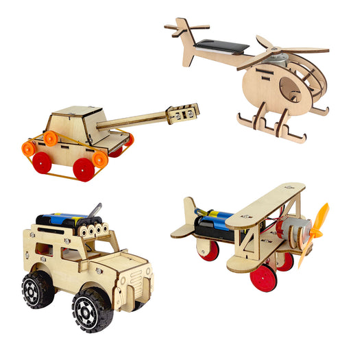 Set of wooden toy vehicles including a tank, helicopter, and airplane on a white background