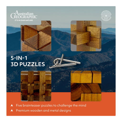 Australian Geographic 5-in-1 3D puzzles packaging with wooden puzzles and metal clip against a mountain background.