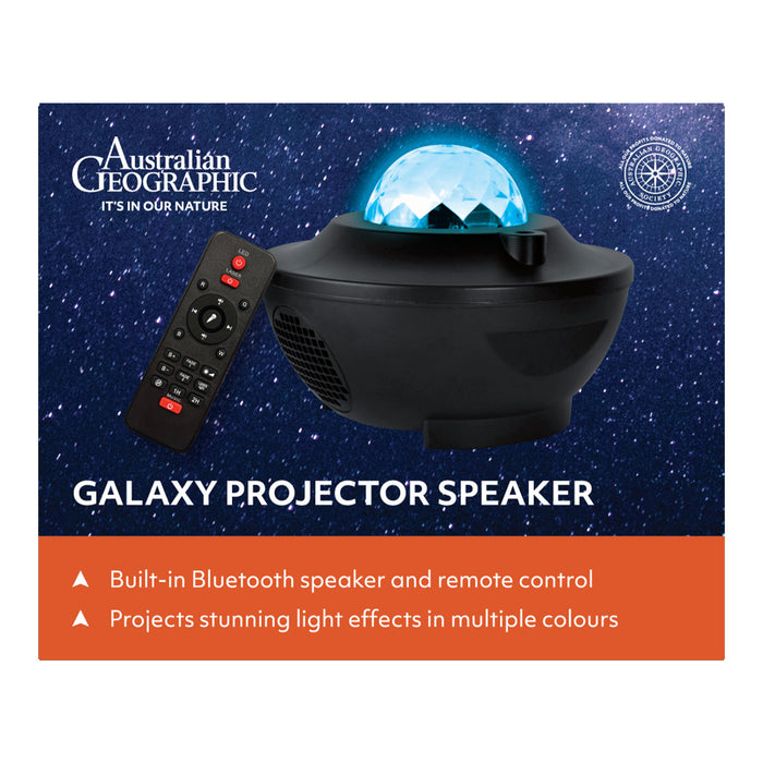 Galaxy projector speaker with remote control on a blue background, featuring Australian Geographic branding.