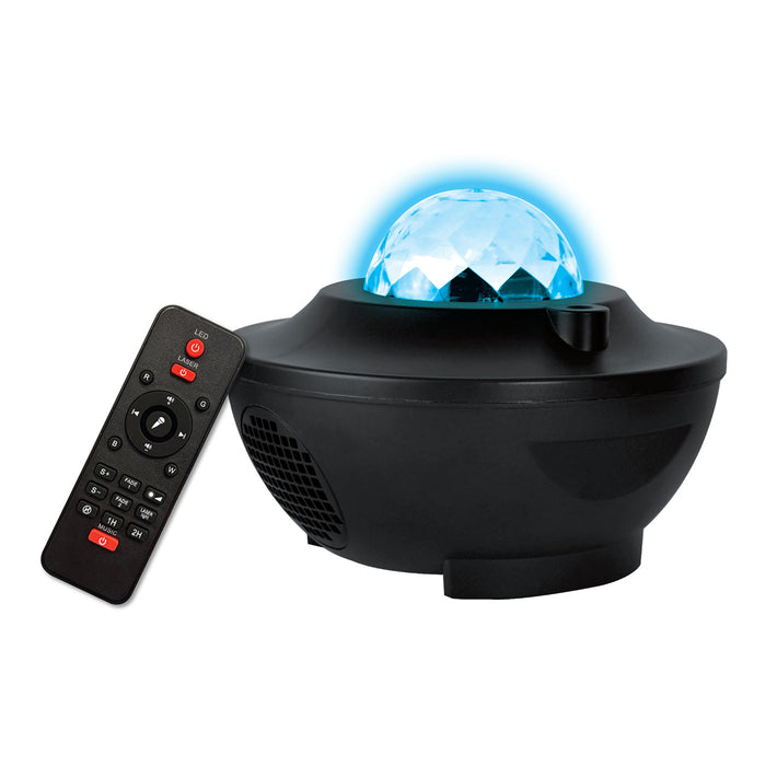 Black decorative light with blue glowing orb and remote control on a white background