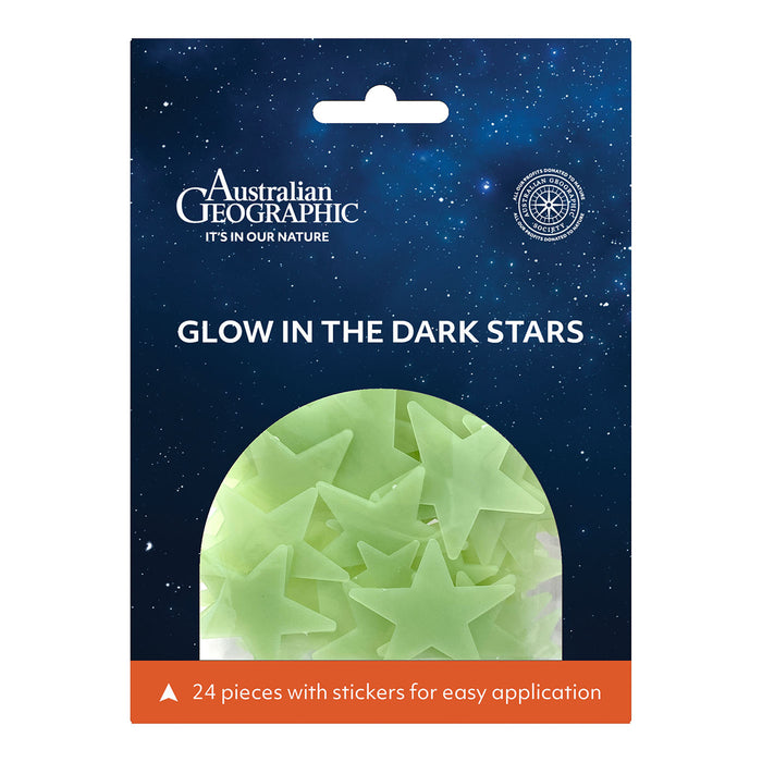 Australian Geographic glow in the dark stars packaging with a blue starry night background.