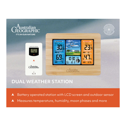 Australian Geographic dual weather station packaging with digital display and outdoor sensor.