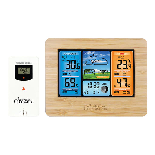 Weather station with digital display and wooden panel, featuring Australian Geographic branding.